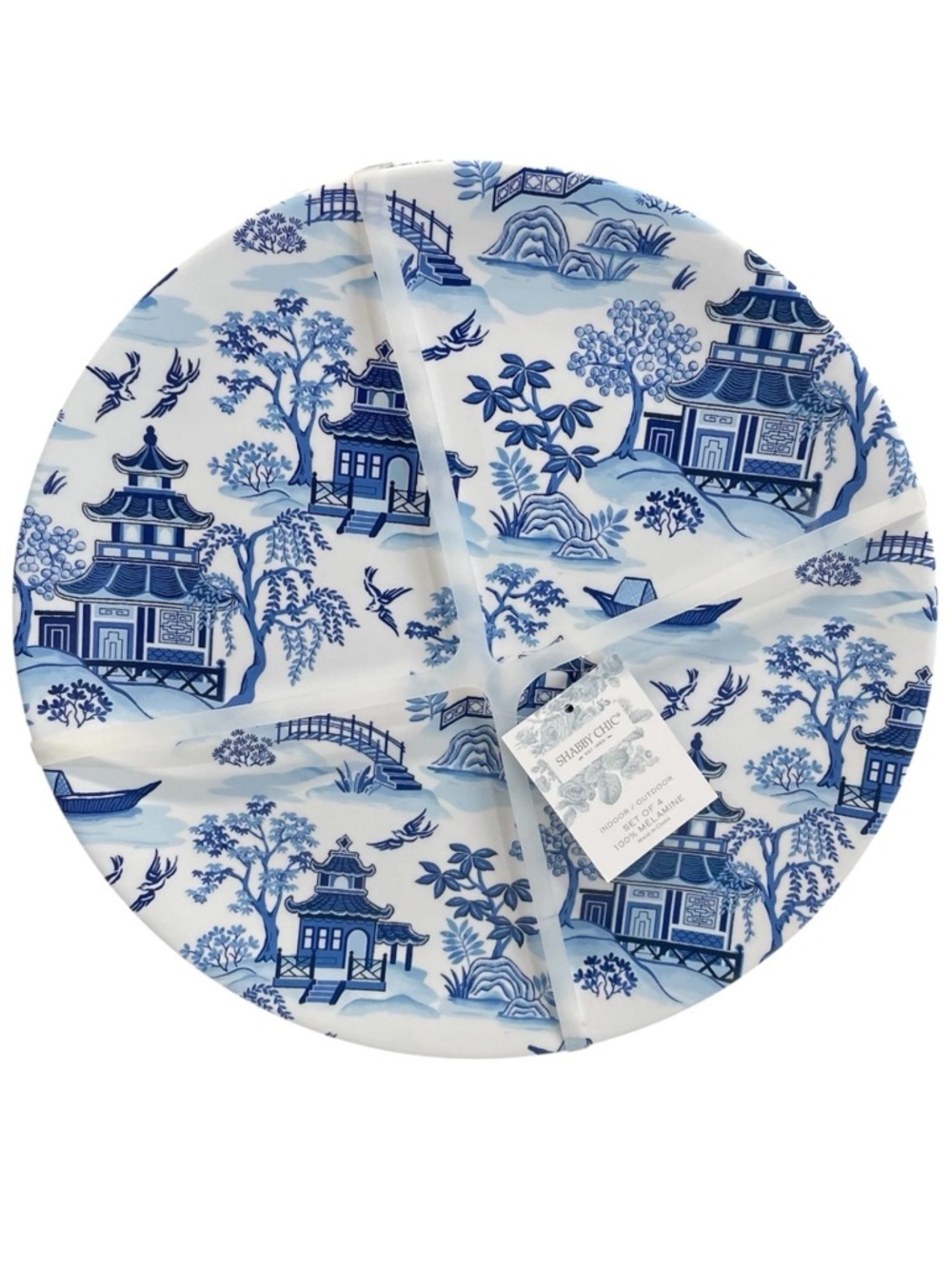 Shabby Chic Melamine Chinoiserie Blue‎ Willow 11" Dinner Plates Set of 4, New